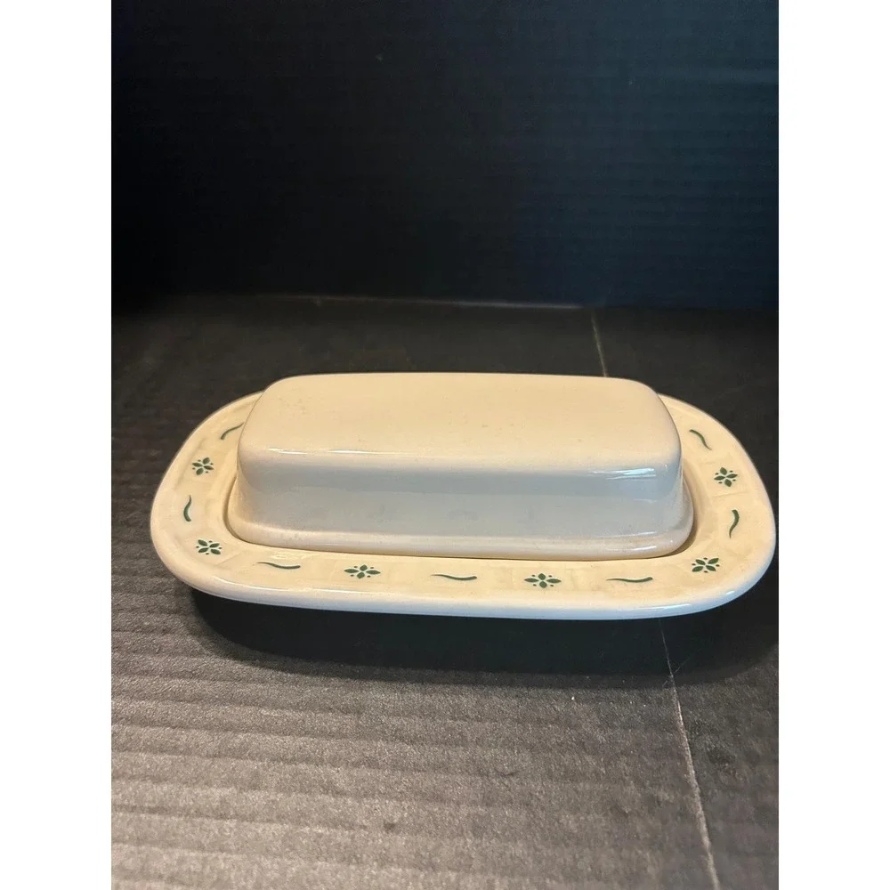 Longaberger Pottery Woven Traditions Ivory/Green Butter Dish USA